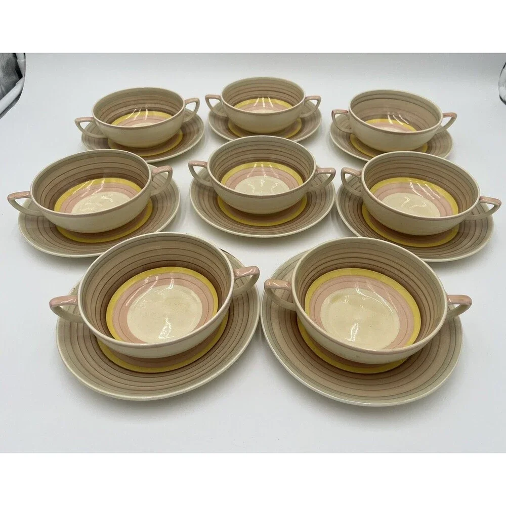 Vintage Susie Cooper Crown Works Cream Soup Bowls & Saucers Wedding Band